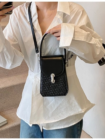 Mini Sac Bandoulière Femme en Cuir PU Patchwork Avec Texture Tissée Fermoir en Métal Argenté Petit Sac à Main Portefeuille