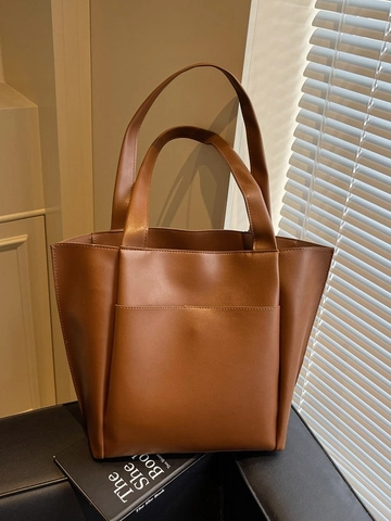 Large Capacity PU Leather Tote Bag For Women Minimalist Solid Color Shoulder Bag Versatile Commuter Handbag With External Pocket
