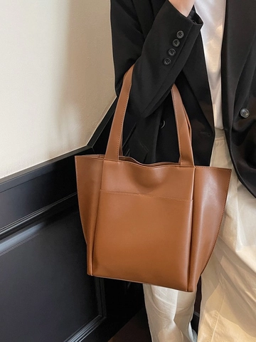 Large Capacity PU Leather Tote Bag For Women Minimalist Solid Color Shoulder Bag Versatile Commuter Handbag With External Pocket