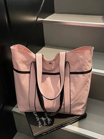 Grand Sac Cabas Femme Minimaliste Nylon Toile Garniture Contrastée Sac à Épaule Décontracté Sac de Shopping Voyage