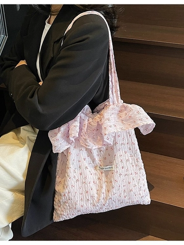 Bolso Tote con Volantes Florales para Mujer Gran Capacidad Tela Texturizada Bolso de Hombro Estilo Pastoral Dulce Bolso Casual Diario Ligero