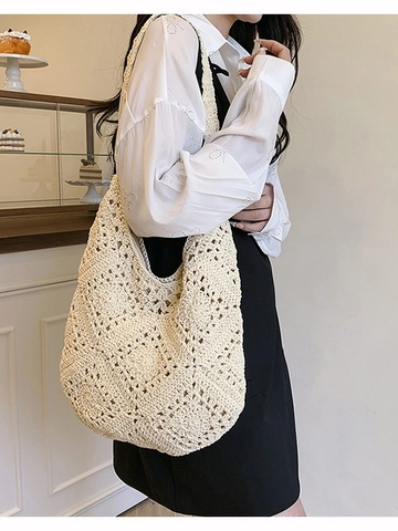 Bolso Tote de Ganchillo para Mujer Calado Geométrico Girasol Bolso de Hombro Playa Boho Gran Capacidad de Algodón
