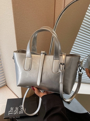 Borsa Tote da Donna in Pelle PU Lucida Chic Borsa a Mano Metallizzata Con Tracolla Regolabile per Pendolarismo Quotidiano Festa