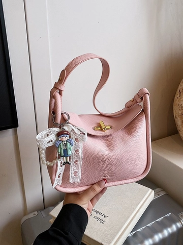 Sac Bandoulière en Cuir PU Grain de Litchi à la Mode pour Femme Petit Sac à Épaule Carré Avec Pendentif Doux en Dentelle et Künstliche Perle pour Rendez-vous Quotidien