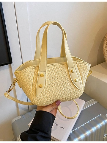 Vintage Gewebte PU Leder Eimertasche Für Damen Mode Gold Nieten Schulter Umhängetasche Tragetasche Täglich Lässig Pendler Handtasche