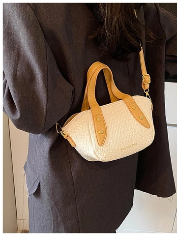 Vintage Gewebte PU Leder Eimertasche Für Damen Mode Gold Nieten Schulter Umhängetasche Tragetasche Täglich Lässig Pendler Handtasche