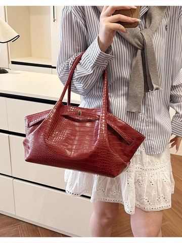 Sac Fourre-tout en Cuir PU à Motif Crocodile Grande Capacité Sac à Bandoulière Ailé Avec Boucle en Métal pour Femmes Navette