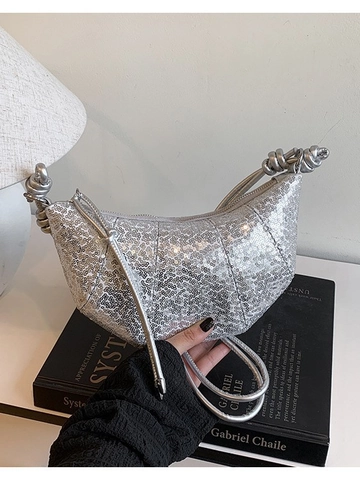 Women Large Capacity Sequin Crescent Bag Trendy PU Leather Knot Shoulder Strap Crossbody Bag Casual Summer Dumpling Bag Party Handbag