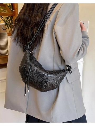 Women Large Capacity Sequin Crescent Bag Trendy PU Leather Knot Shoulder Strap Crossbody Bag Casual Summer Dumpling Bag Party Handbag