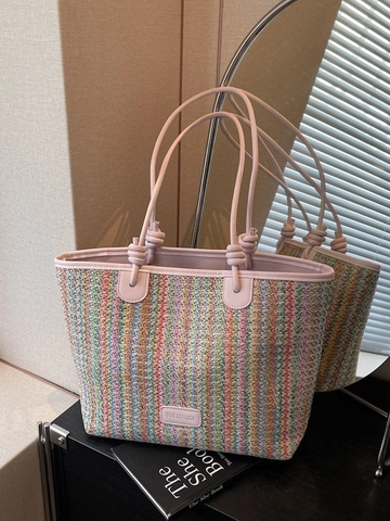 Borsa Tote da Donna in Paglia Intrecciata a Righe Colorate Grande Capacità Borsa a Tracolla Casual Estate Spiaggia Vacanza