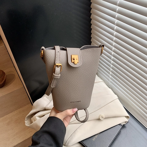 Bolso Cubo de Cuero PU de Moda para Mujer Minimalista Textura Litchi Bolso de Hombro Único Cierre de Metal Dorado Elegante Casual Pequeño Handbag