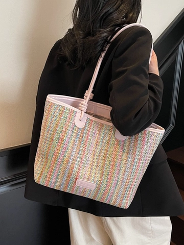 Borsa Tote da Donna in Paglia Intrecciata a Righe Colorate Grande Capacità Borsa a Tracolla Casual Estate Spiaggia Vacanza