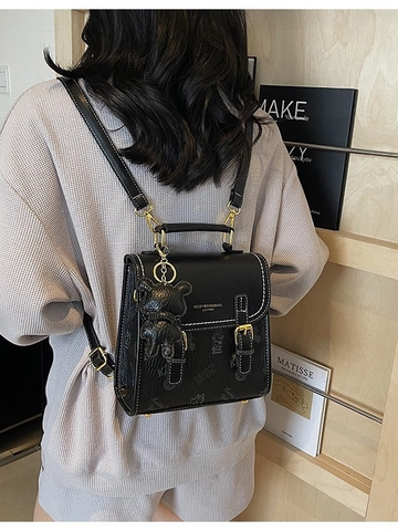Damen Mini Mode Rucksack PU-Leder Retro Bär Bedruckte Handtasche Umhängetasche Buchstabenmuster Schultasche Mädchen Täglicher Reise Rucksack