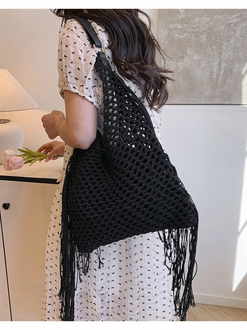 Women Bohemian Hand Woven Tassel Shoulder Bag Hollow Grid Crochet Beach Tote Bag With Leather Strap Casual Travel Handbag