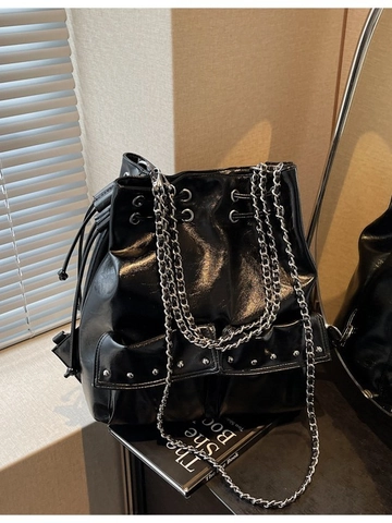 Women Fashion PU Leather Drawstring Bucket Backpack Large Capacity Rivet Chain Shoulder Bag Multi-use Commuting Rucksack
