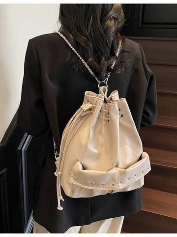Femmes Mode PU Cuir Cordon Sac Seau Sac à Dos Grande Capacité Rivets Chaîne Sac Bandoulière Multi-usage Sac à Dos