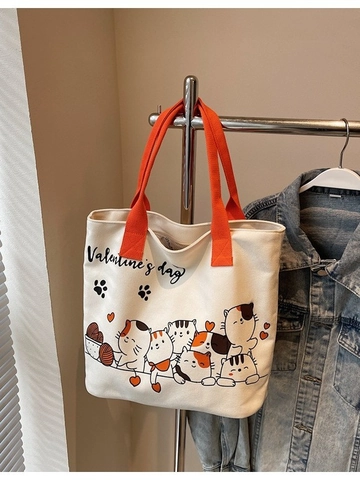 Grote Capaciteit Dames Canvas Draagzak Schattige Cartoon Kat Print Valentijnsdag Thema Casual Schoudertas Voor Studenten