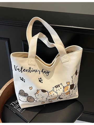 Large Capacity Cartoon Cat Canvas Tote Bag Women Casual Shoulder Handbag Valentine's Day Commuter School Bag Zipper Closure