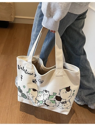Large Capacity Cartoon Cat Canvas Tote Bag Women Casual Shoulder Handbag Valentine's Day Commuter School Bag Zipper Closure