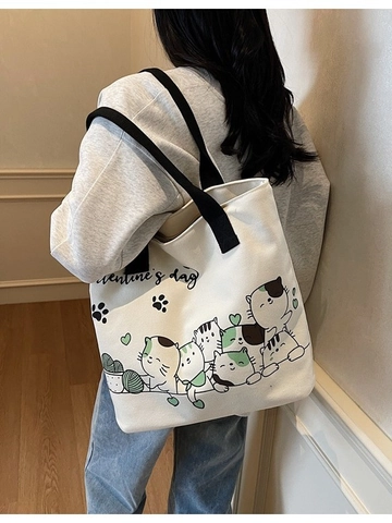 Grote Capaciteit Dames Canvas Draagzak Schattige Cartoon Kat Print Valentijnsdag Thema Casual Schoudertas Voor Studenten
