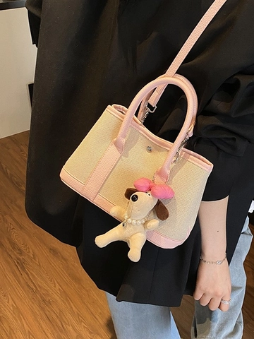 Women's Casual Canvas Stitched Synthetic Leather Tote Bag Large Capacity Contrast Color Shoulder Crossbody Bucket Bag
