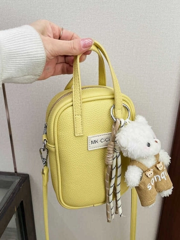 Mini Sac Bandoulière pour Téléphone Portable Femme en Cuir PU Grain de Litchi Avec Charme d'Ours en Peluche Style Coréen