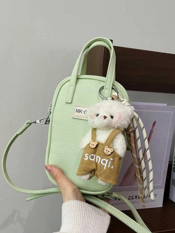 Mini Sac Bandoulière pour Téléphone Portable Femme en Cuir PU Grain de Litchi Avec Charme d'Ours en Peluche Style Coréen