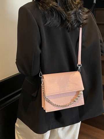 Bolso Bandolera Cuadrado con Relieve de Cocodrilo Estilo Coreano para Mujer Cadena de Perlas Artificiales Cuero PU Moda