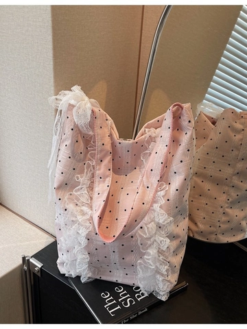 Borsa a Spalla Donna a Pois Con Bordi In Pizzo Tela Fiocco Dolce Decor Sacca Vintage Casual Borsa Da Viaggio a Mano