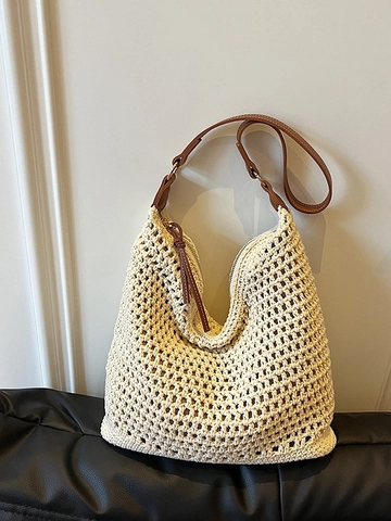 Damen Stroh Gewebte Tragetasche Ausgehöhlte Häkel Schultertasche Strandurlaub Hobo Handtasche Mit Braunen Lederriemen