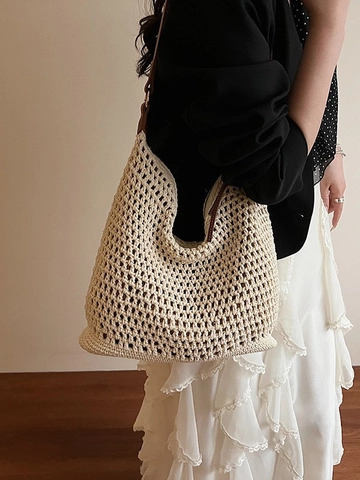 Damen Stroh Gewebte Tragetasche Ausgehöhlte Häkel Schultertasche Strandurlaub Hobo Handtasche Mit Braunen Lederriemen