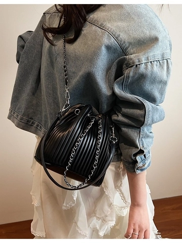 Women Trendy Pleated Bucket Bag PU Leather Chain Shoulder Crossbody Bag Minimalist Drawstring Handbag Urban Fashion Purse