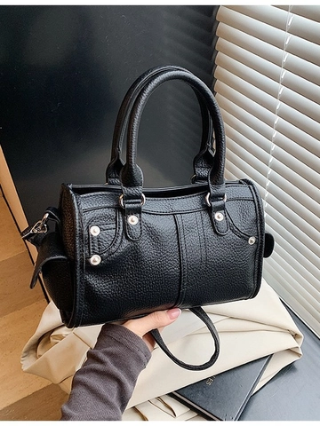 Bolso Boston de Mujer de Cuero de PU con Patrón Litchi Remaches Vintage Bolso de Mano Bandolera Con Correa Desmontable