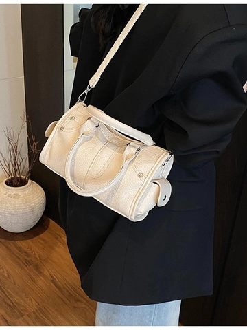 Bolso Boston de Mujer de Cuero de PU con Patrón Litchi Remaches Vintage Bolso de Mano Bandolera Con Correa Desmontable
