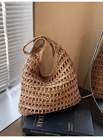 Borsa Tote in Paglia Intrecciata da Donna Grande Capacità Traforata a Mano Borsa a Spalla Hobo per Spiaggia Vacanza Stile Casual