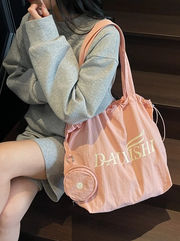 Large Capacity Nylon Tote Bag With Small Round Purse Minimalist Drawstring Shoulder Bag Casual Letter Print Commuter Bag