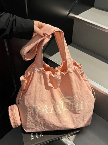 Large Capacity Nylon Tote Bag With Small Round Purse Minimalist Drawstring Shoulder Bag Casual Letter Print Commuter Bag