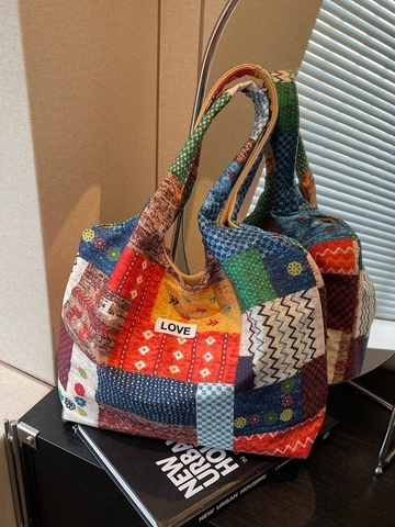 Lässige Canvas Tote Bag Damen Große Kapazität Gestreifte Patchwork Schultertasche Mit Love Etikett Für Studenten Pendeln Einkaufen