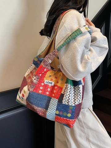 Lässige Canvas Tote Bag Damen Große Kapazität Gestreifte Patchwork Schultertasche Mit Love Etikett Für Studenten Pendeln Einkaufen