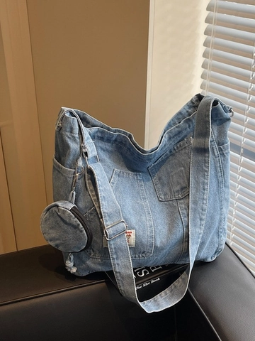 Borsa Tote in Denim Grande Donna Vintage Lavata Borsa a Tracolla Con Mini Borsellino Multitasche Borsa Pendolare Scuola