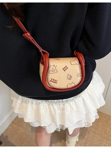 Women Mini Saddle Crossbody Bag Cute Cartoon Bear Embossed Small PU Leather Shoulder Bag Casual Handbag Daily Use Gift