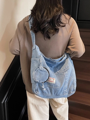 Borsa Tote in Denim Grande Donna Vintage Lavata Borsa a Tracolla Con Mini Borsellino Multitasche Borsa Pendolare Scuola
