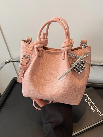 Sac Seau Femme Motif Lychee Sac à Main en Cuir PU Bandoulière Avec Pendentif en Perles Poignée Nouée Petit Fourre-tout Élégant