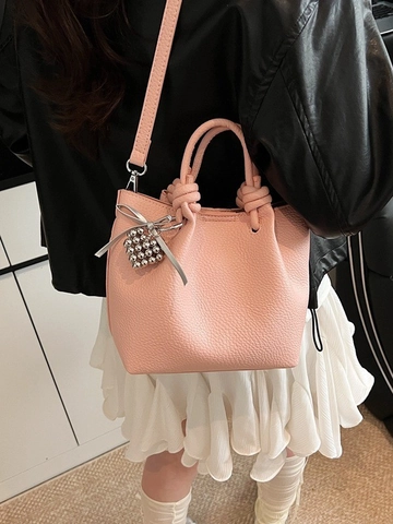 Sac Seau Femme Motif Lychee Sac à Main en Cuir PU Bandoulière Avec Pendentif en Perles Poignée Nouée Petit Fourre-tout Élégant