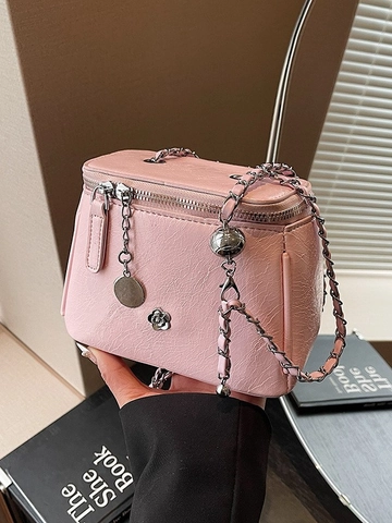 Mini Sac Bandoulière Boîte à Vanité en Cuir PU Rétro pour Femmes Petit Sac à Épaule Carré à la Mode Avec Bandoulière en Chaîne Métallique et Décoration Florale
