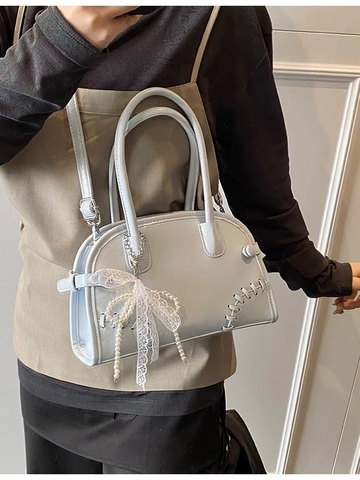 Women Sweet Artificial Pearl Lace Bow Boston Shoulder Bag Large Capacity PU Leather Commuter Tote Bag For Daily Dating Fashion