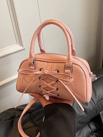 Women PU Leather Pillow Handbag Retro Bow Lace Up Crossbody Bag Large Capacity Trendy Commute Shoulder Tote Shiny Glossy Bag