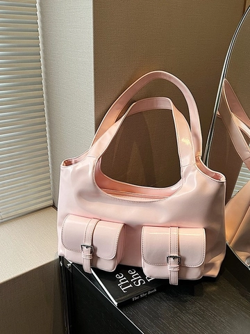 Borsa a Spalla da Donna in Pelle Verniciata a Grande Capacità Borsa Tote Urban Vintage Con Doppie Tasche Anteriori Lucida
