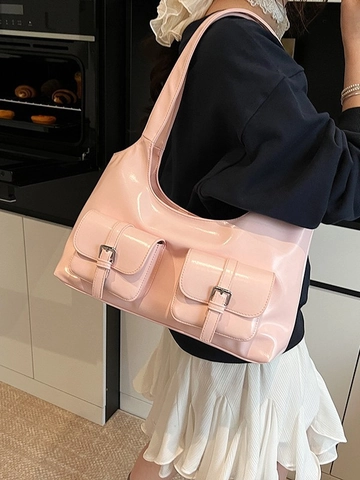Borsa a Spalla da Donna in Pelle Verniciata a Grande Capacità Borsa Tote Urban Vintage Con Doppie Tasche Anteriori Lucida