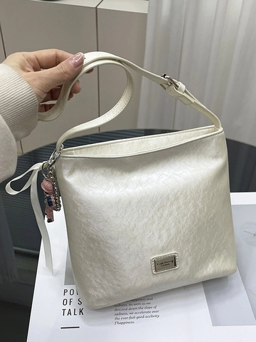 Women Pleated PU Leather Shoulder Bag Retro Solid Color Crossbody Bag With Ribbon Doll Charm Fashion Simple Underarm Bag